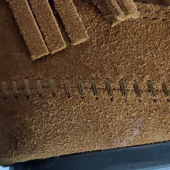 Minnetonka 3 Layer Fringe Moccasin Boots 9 Brown Suede Mid Calf Boho Hippie - Picture 13 of 13